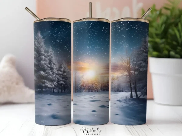 Winter Tumbler Wrap PNG 20 oz Skinny Tumbler Sublimation Design, Snowy Trees, Digital Download