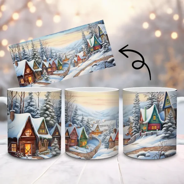Winter Village Snowy Cottage Mug Wrap Sublimation Design | Cozy Christmas Coffee Mug Wrap | 11oz 15oz Mug PNG | Holiday Mug Wrap M12