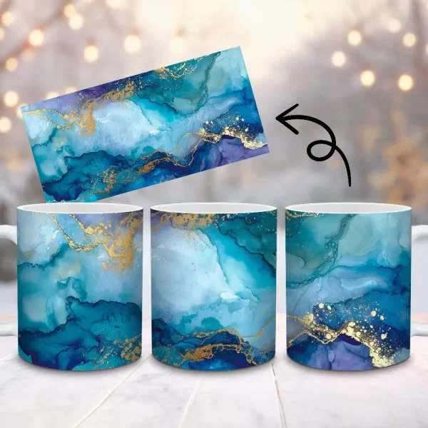 Blue Gold Ink Mug Sublimation Design, 11oz and 15oz Mug PNG Wrap, Abstract Style Cup Wrap PNG Digital Download, Coffee Cup Full Mug Wrap M190