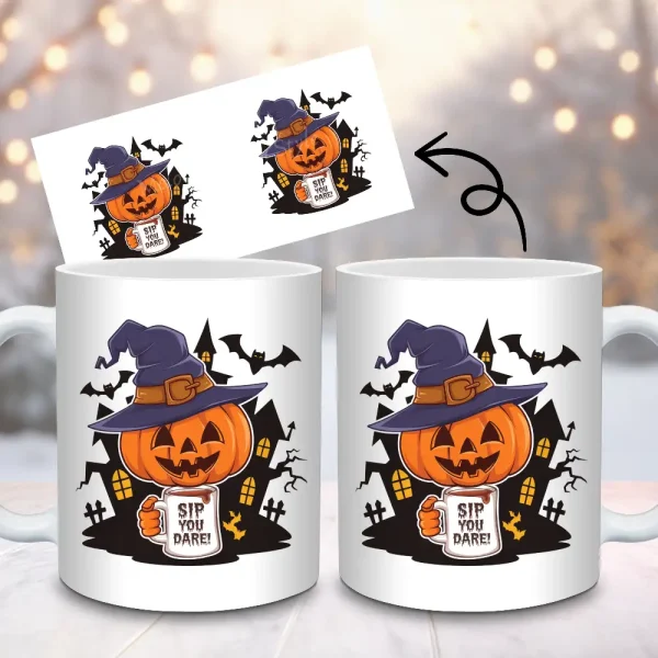 Sip If You Dare! Spooky Witch and Pumpkin Halloween Mug Wrap 11oz 15oz PNG Sublimation Design, Funny Halloween Mug Wrap Instant Download M20
