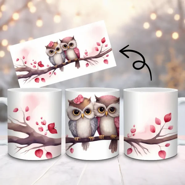 Watercolor Love Owls Mug Wrap | Romantic Mug Sublimation PNG | DIY Coffee Cup Design | Couples Gift Wrap| Instant Download M40
