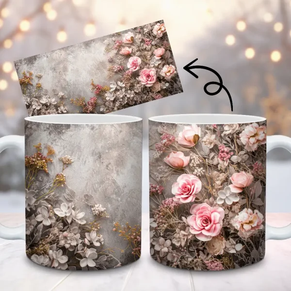 Floral Mug Wrap Design PNG, Pink Flowers On Gray Background 11oz 15oz Cup Digital Download M41