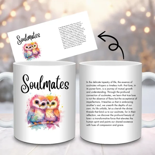 Soulmates Mug Sublimation Design, 11oz and 15oz Mug PNG Wrap, Cute Watercolor Owls Gift Cup Wrap PNG Digital Download, Valentains Day Mug M45