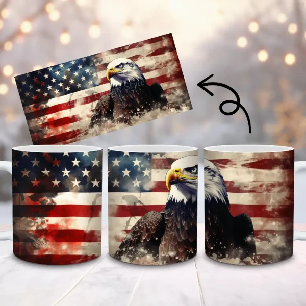 American Eagle Mug Sublimation Design, 11oz and 15oz Mug PNG Wrap, Patriotic Eagle Cup Wrap PNG Digital Download Mug Designs M5