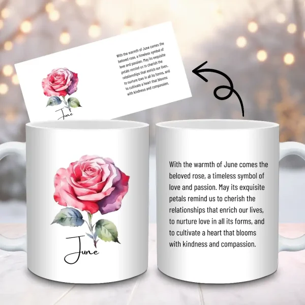 Rose Birth Flower Mug Sublimation Design, 11oz and 15oz Mug PNG Wrap, June Birth Month Flower Gift Cup Wrap Digital Download M65