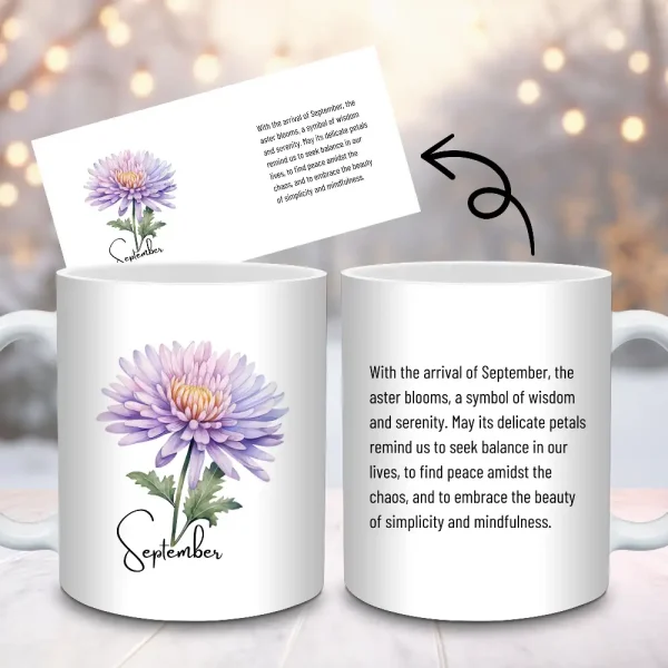 Aster Birth Flower Mug Sublimation Design, 11oz and 15oz Mug PNG Wrap, September Birth Month Flower Gift Cup Wrap Digital Download M68