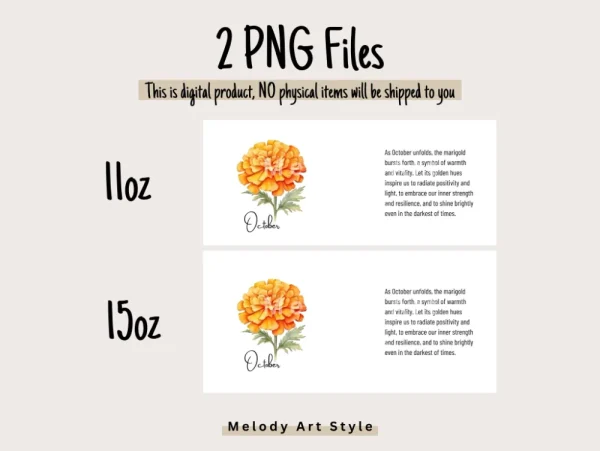 Marigold Birth Flower Mug Sublimation Design, 11oz and 15oz Mug PNG Wrap, October Birth Month Flower Gift Cup Wrap Digital Download M69 - Image 2