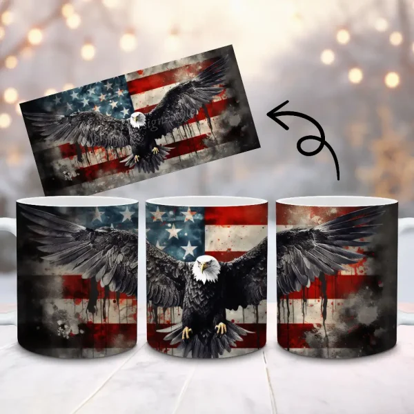 Patriotic Eagle Mug Sublimation Design, 11oz and 15oz Mug PNG Wrap, American Eagle Cup Wrap PNG Digital Download Mug Designs M9