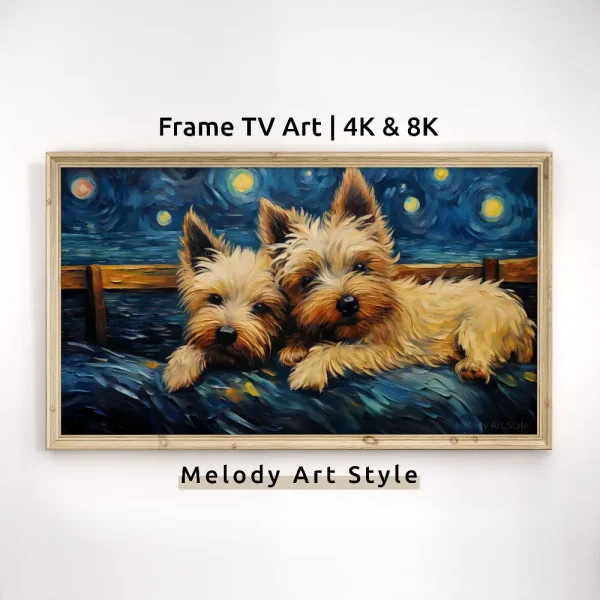 Cute Puppies at Starry Night Frame TV Art 4K 8K Vintage Painting Van Gogh Style Dog Decor Animals Samsung Frame TV Digital Download F16