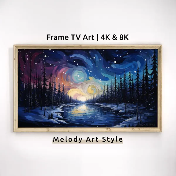 Northern Lights Winter Night Sky Landscape Frame TV Art 4K 8K Vibrant Winter Starry Night Painting Samsung Frame TV Digital Download F18