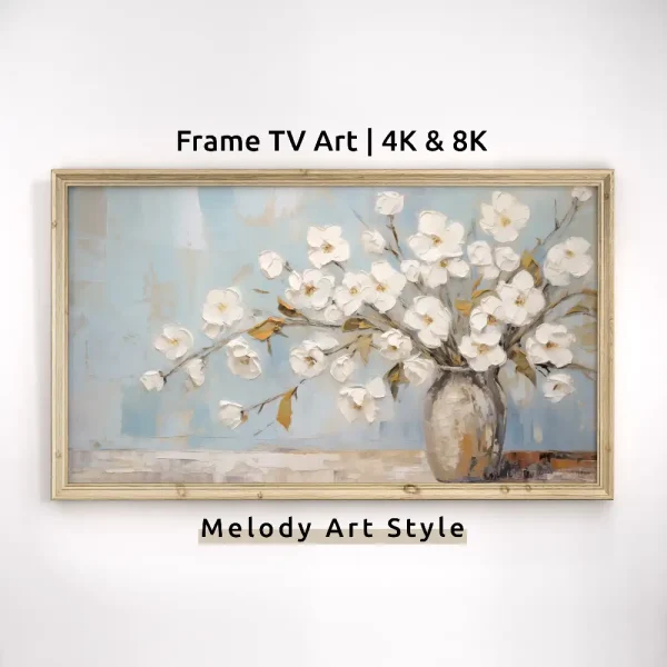 White Flowers In Vase Frame TV Art 4K 8K Still Life Cottagecore Decor Vintage Painting Blue Pastel Samsung Frame TV Art Digital Download F8