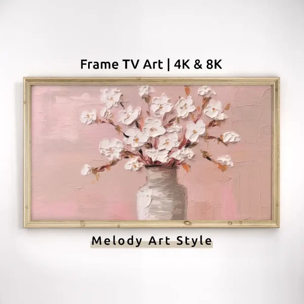 White Flowers Vase Frame TV Art 4K 8K Pink Floral Modern Decor Rustic Vintage Samsung Frame TV Painting Digital Download F9