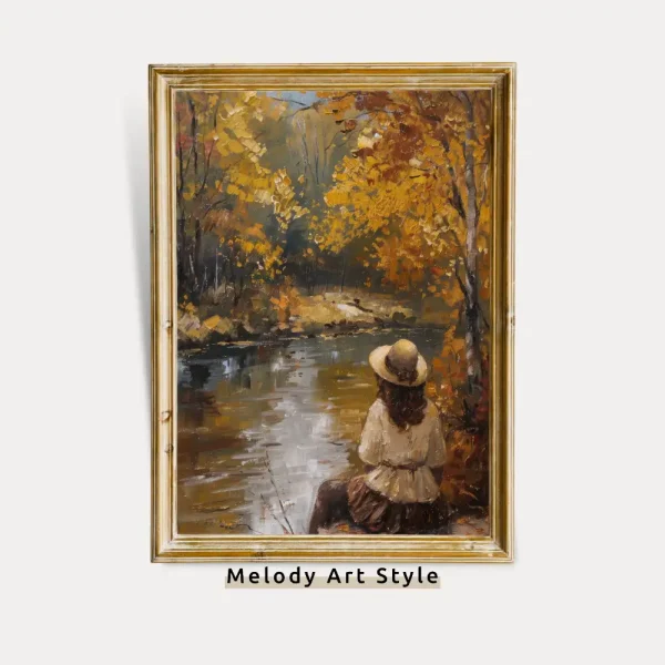 Autumn Riverside Oil Painting Printable Fall Wall Art Golden Autumn Leaves Rustic Poster Lady by Water Landscape Digital Download P103