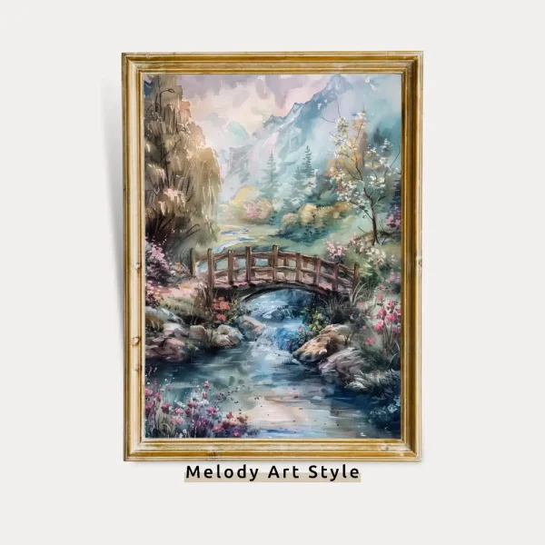 Countryside Stream and Wooden Bridge Wall Art Nature Landscape Decor Springtime Mountain Vintage Oil Painting Digital Download P105
