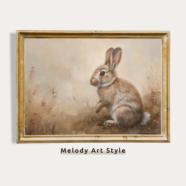 Printable Rabbit in Wild Grass Wall Art Bunny in Meadow Beige Painting Wildflower Spring Easter Home Decor Digital Download P108