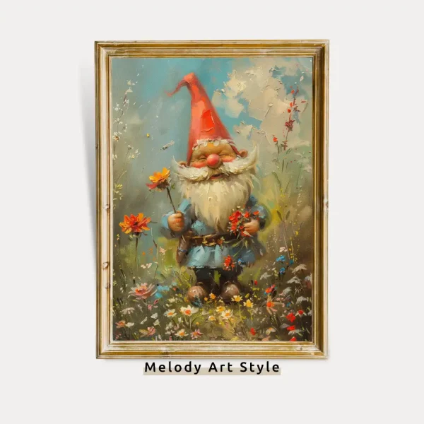 Printable Garden Gnome In Wildflower Filed Spring Wall Art Enchanted Garden Print Floral Meadow Rustic Digital Download P111