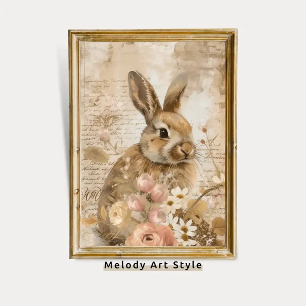 Vintage Easter Bunny Floral Wall Art Print, Rustic Rabbit with Flowers Painting Shabby Chic Bunny Poster Print Digital Download P11