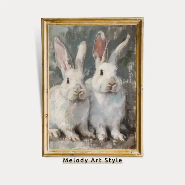 Spring Bunnies Wall Art Oil Painting Easter Printable White Rabbits Print Vintage Cute Easter Bunnies Portrait Poster Digital Download P14