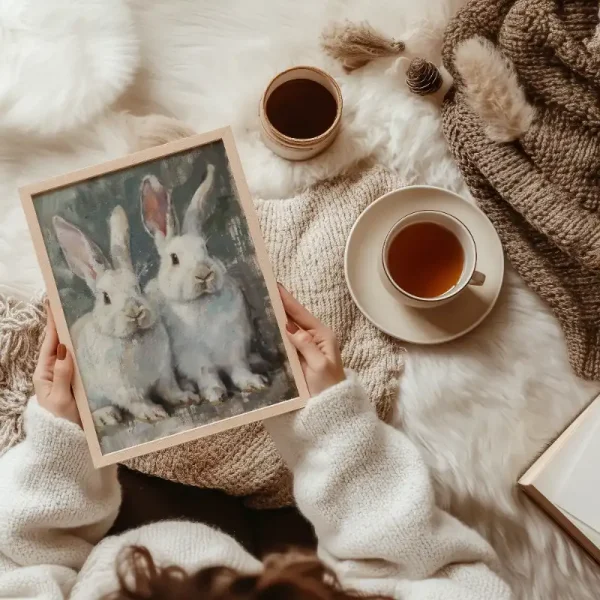 Spring Bunnies Wall Art Oil Painting Easter Printable White Rabbits Print Vintage Cute Easter Bunnies Portrait Poster Digital Download P14 - Image 3