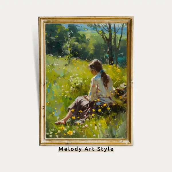 Wildflower Landscape Vintage Wall Art Painting Spring Meadow Oil Painting Woman In Vibrant Field Printable Rustic Art Digital Download P16