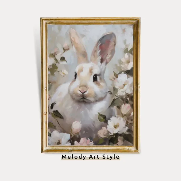 Vintage Pastel Easter Bunny Printable Vintage Spring Flowers Oil Painting Wall Art White Pink Antique Rabbit Print Digital Download P24