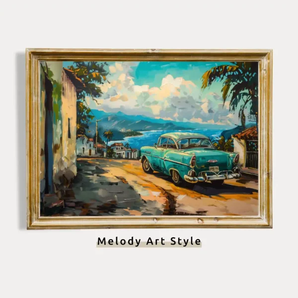 Vintage Classic Car Tropical Landscape Art Print Retro Coastal Wall Decor Printable 1950s Old Town Mid-Century Wall Art Digital Download P38