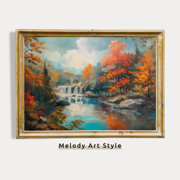 Autumn Waterfall Vintage Wall Art Painting Oil Painting Fall Season Printable Nature Poster Rustic Autumnal Landscape Digital Download P45