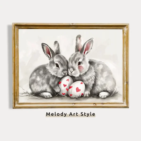 Love Bunnies with Heart Eggs Romantic Easter Wall Art Sweet Animal Poster Cozy Nest Printable Heartwarming Easter Art Digital Download P46