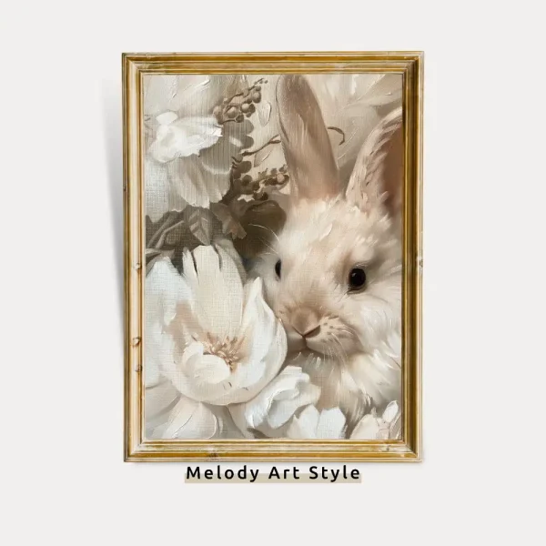 White Flowers Bunny Painting Wall Art, Neutral Nursery Printable, Vintage Easter Spring Rustic Rabbit Floral Cottagecore Digital Download P7
