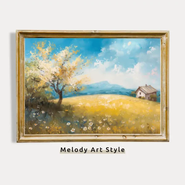 Spring Countryside Wall Art Blooming Tree Print Sunny Meadow and Cottage Printable Rural Landscape Decor Farmhouse Digital Download P81
