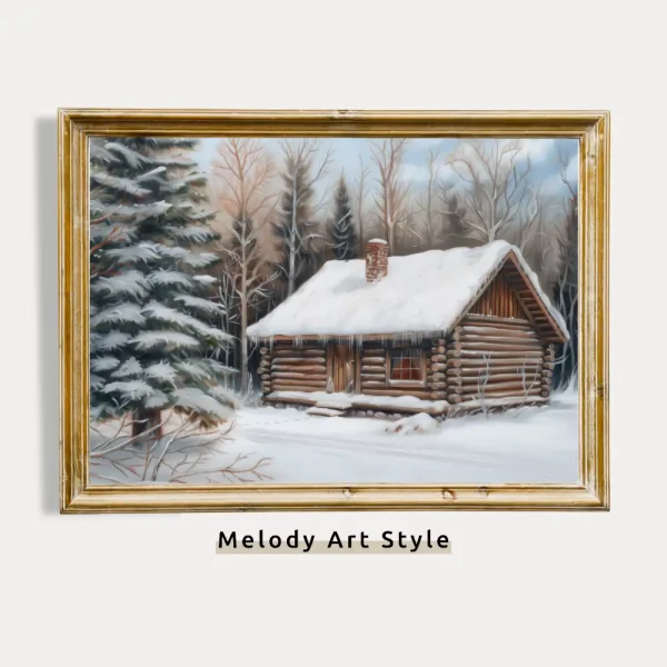 Winter Cabin in Snowy Forest Printable Rustic Lodge Wall Decor Cozy Winter Landscape Print Digital Download P83