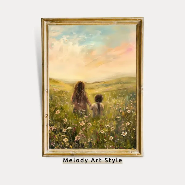 Mother Child Vintage Wall Art Meadow Sunset Landscape Poster Spring Wildflower Field Printable Family Moment Wall Decor Digital Download P94