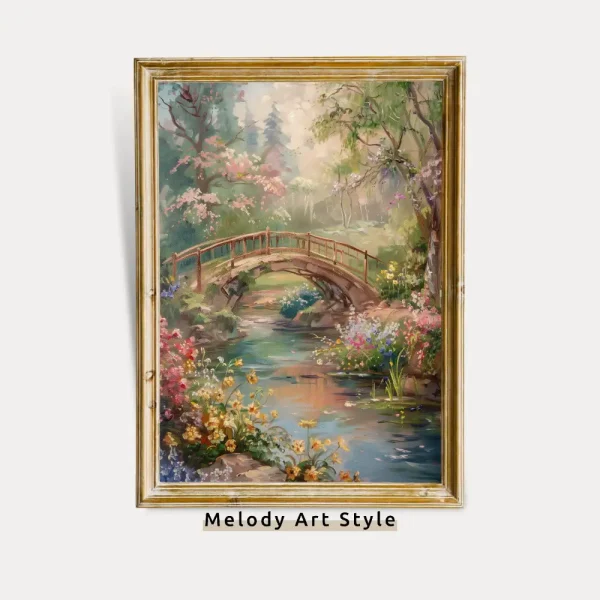 Flower Bridge Landscape Vintage Painting Blossoming Spring Garden Poster Pastel Nature Wall Art Vibrant Printable Digital Download P96