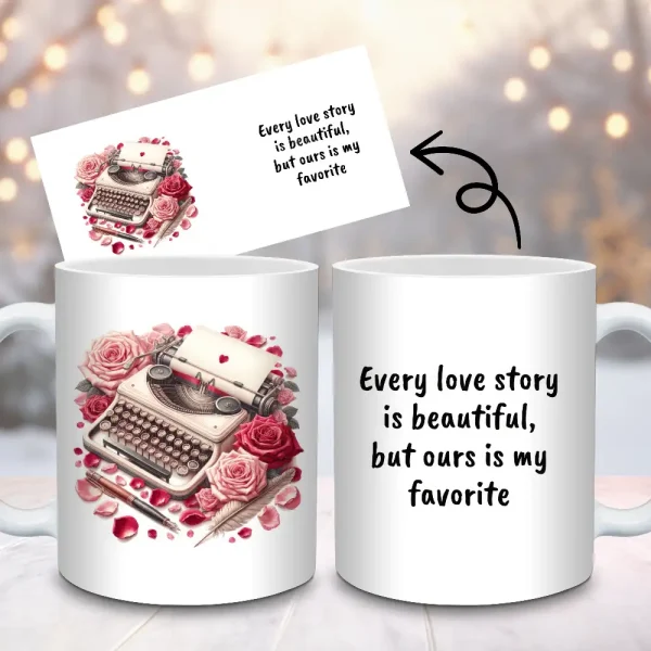 Valentines Day Mug Sublimation Design, Love Story Bookish Mug 11oz and 15oz Mug PNG Wrap For Valentines Day Gift, Digital Download M14
