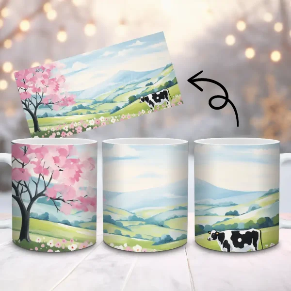 Spring Countryside Cow Mug Wrap Sublimation Design | Blossom Landscape Scenic Farm Coffee Mug Wrap 11oz 15oz Mug PNG | Instant Download M16