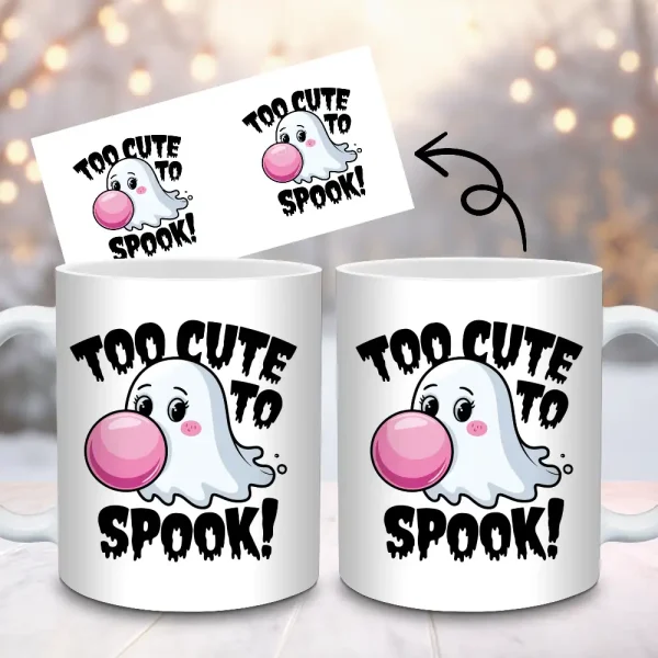 Cute Ghost Mug Wrap Sublimation Design | 'Too Cute to Spook' Ghost With Bubble Gum 11oz 15oz Mug PNG | Instant Download M18