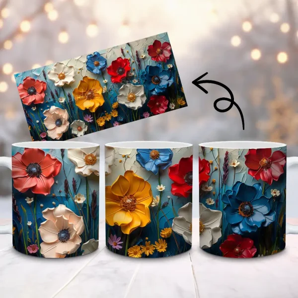 Wildflower Mug Wrap PNG, 3D Floral Mug Design, Sublimation Coffee Cup Wrap, Mug Wrap 11oz 15oz Colorful Bloom Art, Digital Download M204