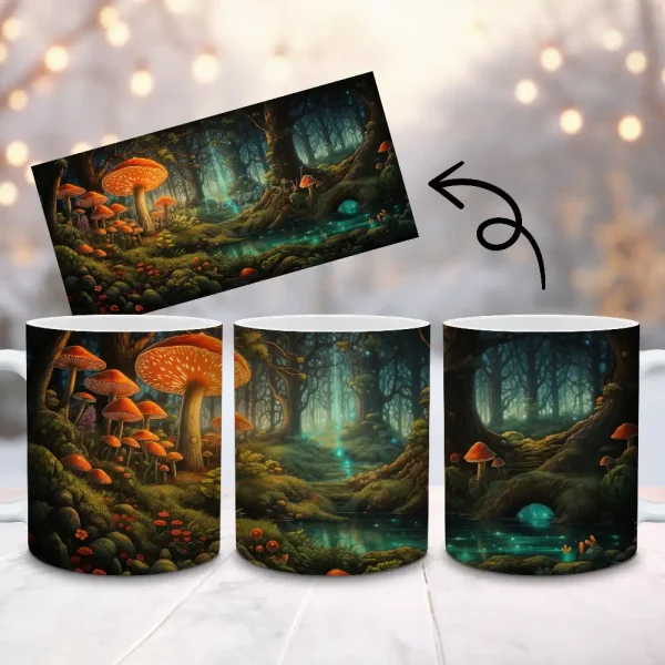 Enchanted Forest Magic Mushroom Mug Wrap PNG 15oz and 11oz Coffee Mug Vibrant Colors Cup Fantasy Mug Wrap Gift | Sublimation Design M215