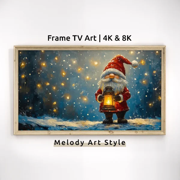 Santa Gnome Holding Lantern Frame TV Art 4K 8K Christmas Artwork Winter Wonderland Oil Painting Holiday Screensaver Artwork Wallpaper F132