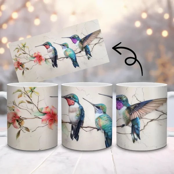 Hummingbirds Mug Wrap PNG 15oz and 11oz Floral Cup Beige Background Birds and Flowers Painting Mug Wrap Spring Gift | Sublimation Design M133