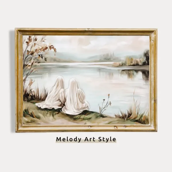 Ghosts by Lake Printable Art, Halloween Wall Decor, Ghost Painting Water Landscape Print, Instant Download P628