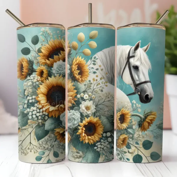 White Horse Sunflower Tumbler Wrap PNG, Rustic Farmhouse Floral Tumbler Sublimation Design, Country Horse Tumbler Wrap, Instant Download, Instant Download T29