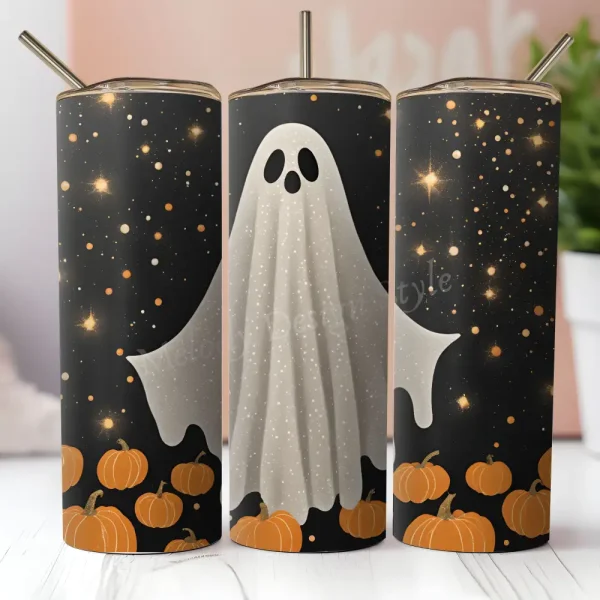 Halloween Ghost Tumbler Wrap PNG, Sparkle Pumpkin Sublimation Design, Gothic Horror Tumbler Wrap, Cute Spooky Tumbler Art, Instant Download T3