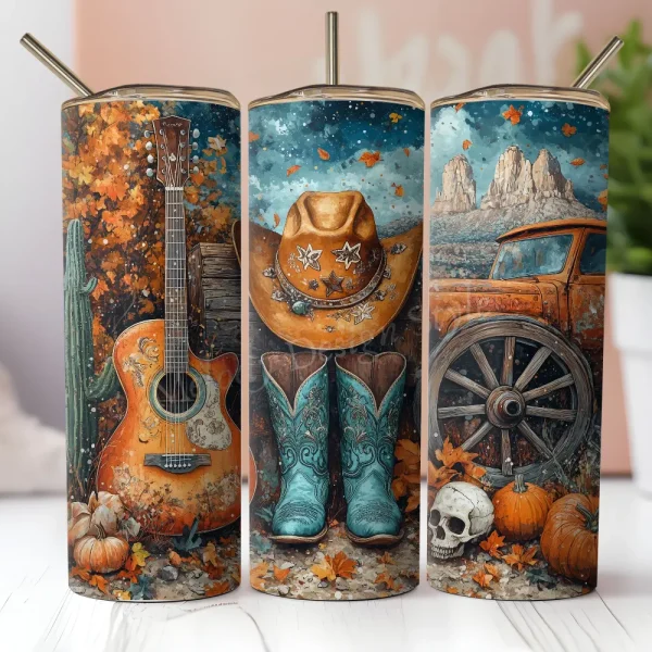 Western Pumpkin Seamless Tumbler Wrap PNG Cowboy Hat 20 oz Skinny Straight Rustic Vintage Truck Country Sublimation Design T304