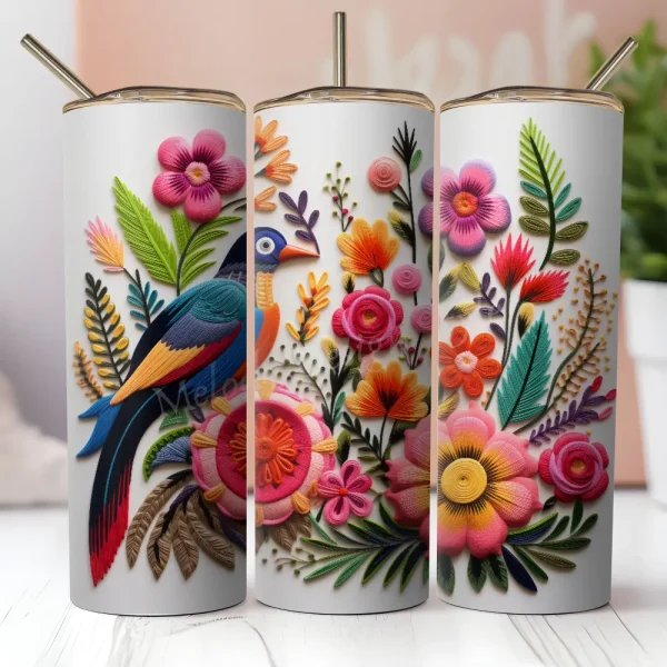 Colorful Mexican Floral Bird Seamless Tumbler Wrap PNG Vibrant Mexican Flower 20 oz Skinny Tumbler Sublimation Design Digital Download T320