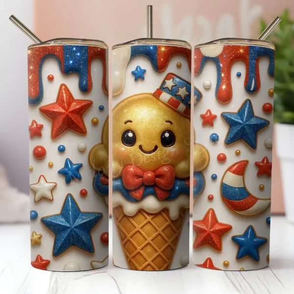 4th of July Tumbler Wrap PNG, Cute Kawaii Ice Cream Cone Design, Glitter Patriotic Stars Drip Art, Independence Day Sublimation Design T353