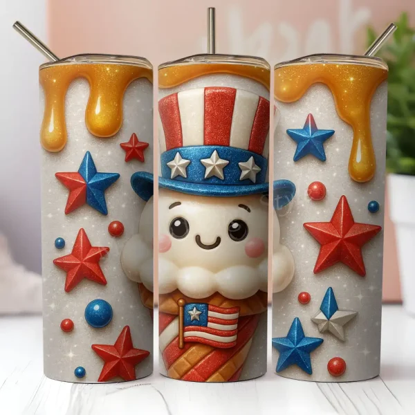 Kawaii Patriotic Ice Cream Tumbler PNG, 4th of July Sublimation Wrap, Glitter Stars, Red White Blue Dessert Sublimation Design T354