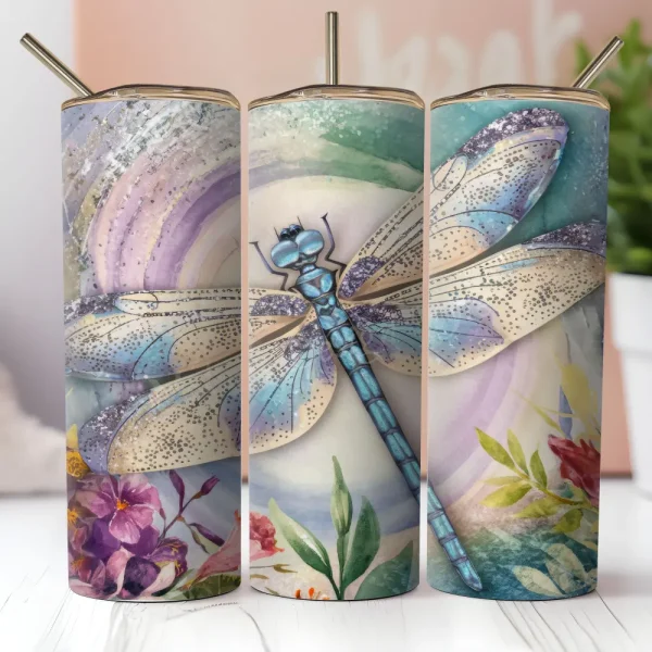 Watercolor Dragonfly Seamless Tumbler Wrap PNG Pastel Floral Colorful 20 oz Skinny Tumbler Sublimation Design Digital Download T37