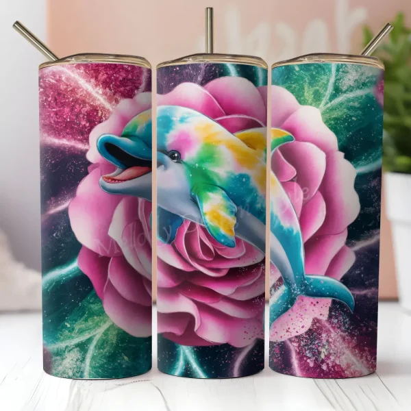 Colorful Dolphin Seamless Tumbler Wrap PNG Vibrant Floral 20 oz Skinny Tumbler Sublimation Glittery Rose Design Digital Download T40