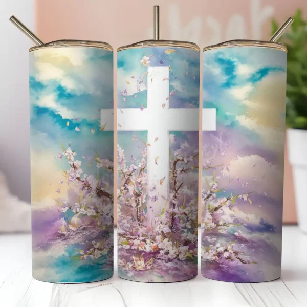 Christian Cross Tumbler Wrap PNG, Watercolor Floral Easter Sublimation Design, Religious Faith Tumbler Art, Spring Cross Wrap, Digital Download T6